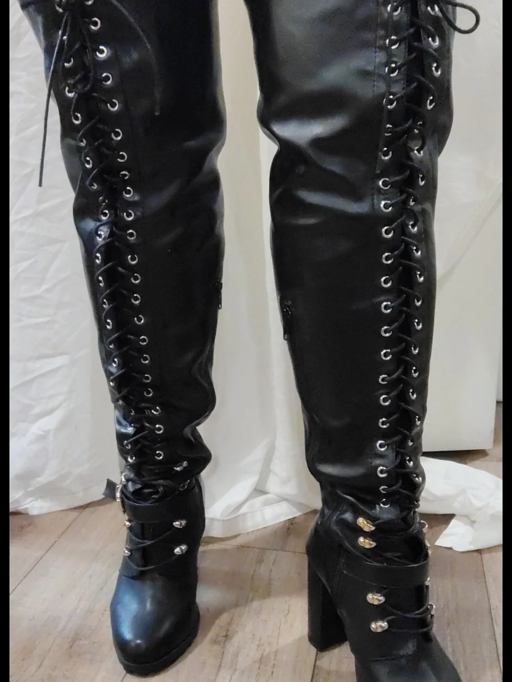 Black Lace-Up Over-the-Knee Heeled Boots